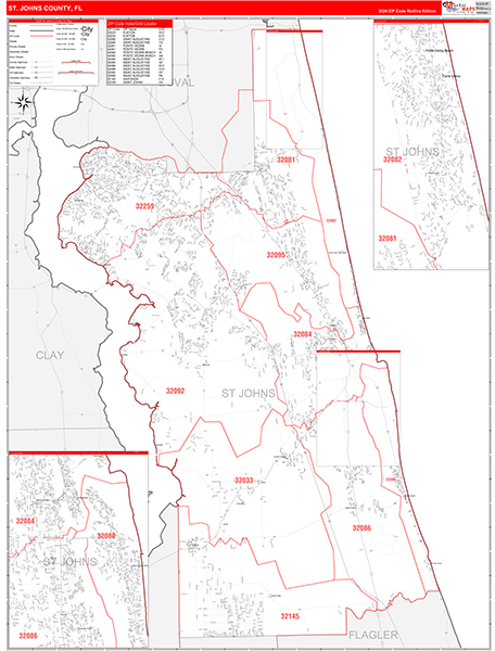St. Johns County Wall Map Red Line Style